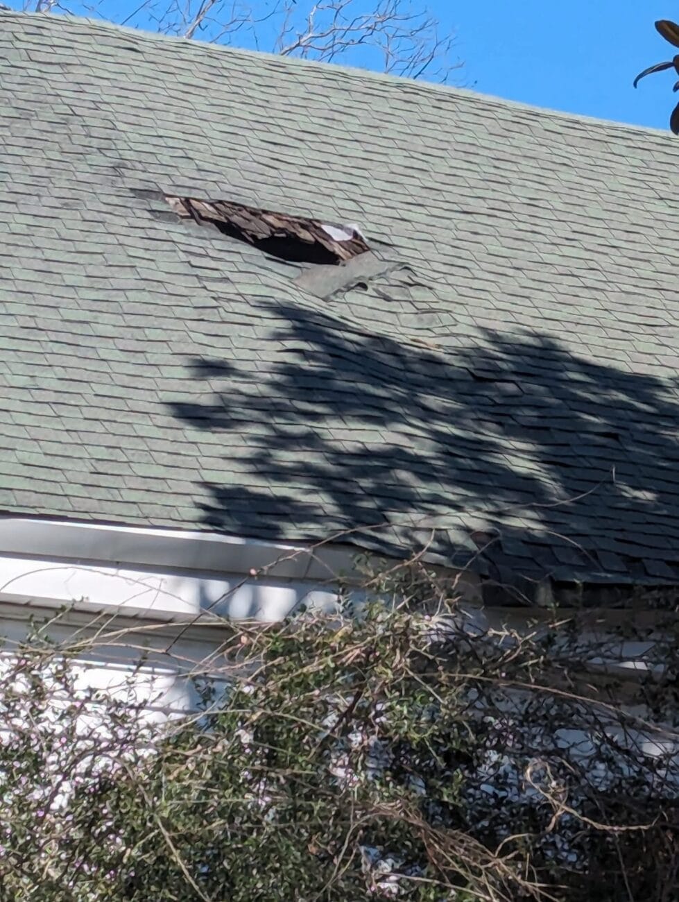 A house roof with a hole in the shingles, surrounded by tree branches and sunlight casting shadows.